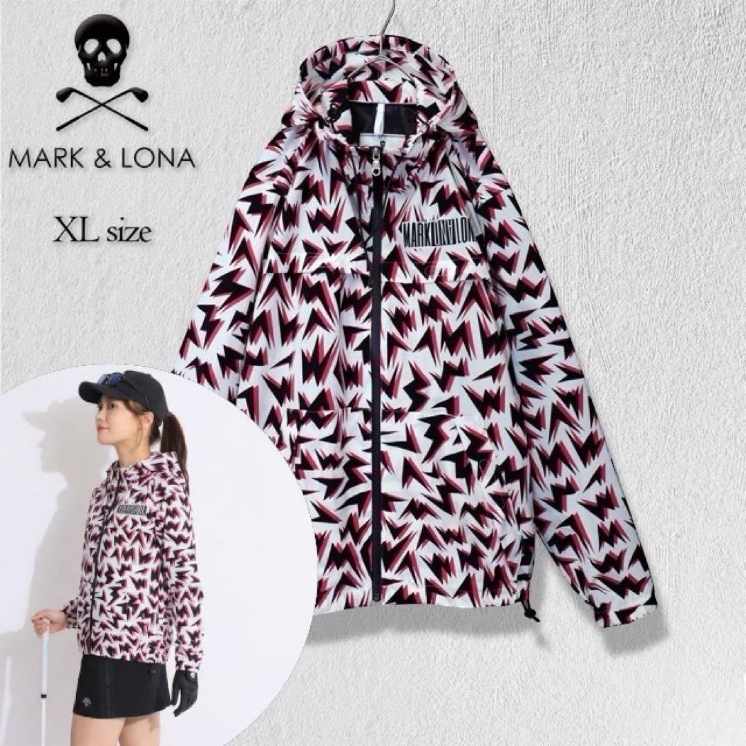 【美品】 マークアンドロナ ナイロンジャケット 総柄 パーカー ゴルフウェア MARK&LONA（マークアンドロナ） ジップパーカー ネイビー×白 総柄